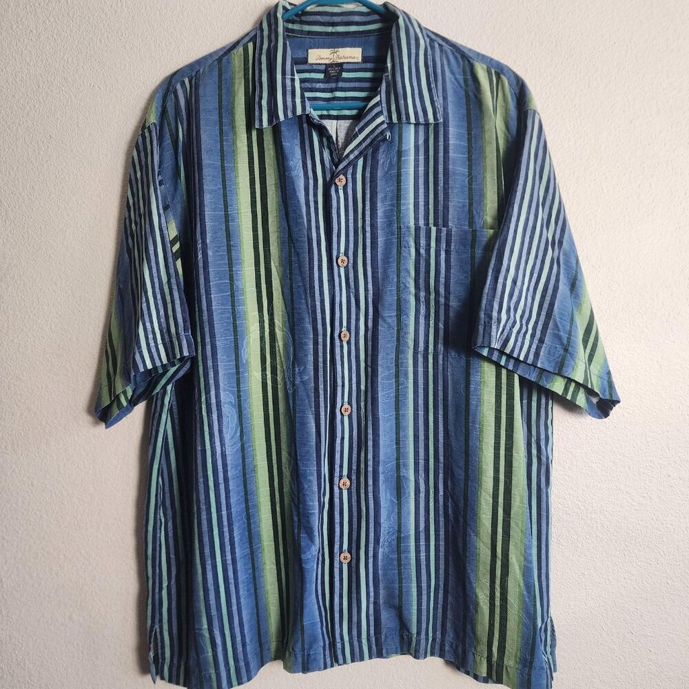 Tommy Bahama Shirt Mens Large Blue Green 100% Silk Relax Striped Hawaiian Camp